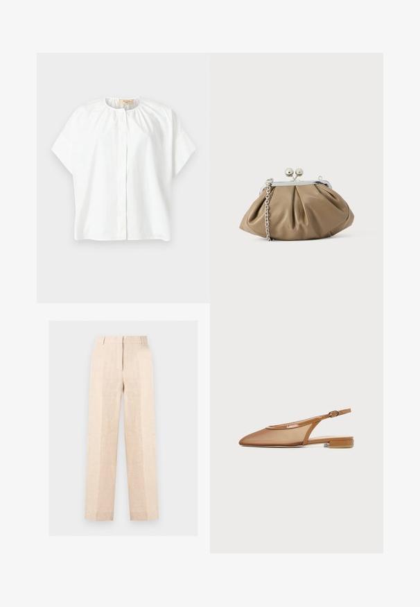 Blouse blanche à manches courtes avec encolure ronde, détail de tissu froncé près du col et boutons avant dissimulés.; Pantalon beige taille haute droit avec pli sur le devant, fermeture éclair dissimulée et passants de ceinture, présenté sur un fond clair uni.; Chaussure plate marron à bride arrière avec bout pointu, dessus en mesh, finition vernie et petit talon bloc, vue de profil.; Pochette en cuir beige clair à la forme arrondie, texture plissée, fermeture à verrou argentée et bandoulière chaîne amovible.