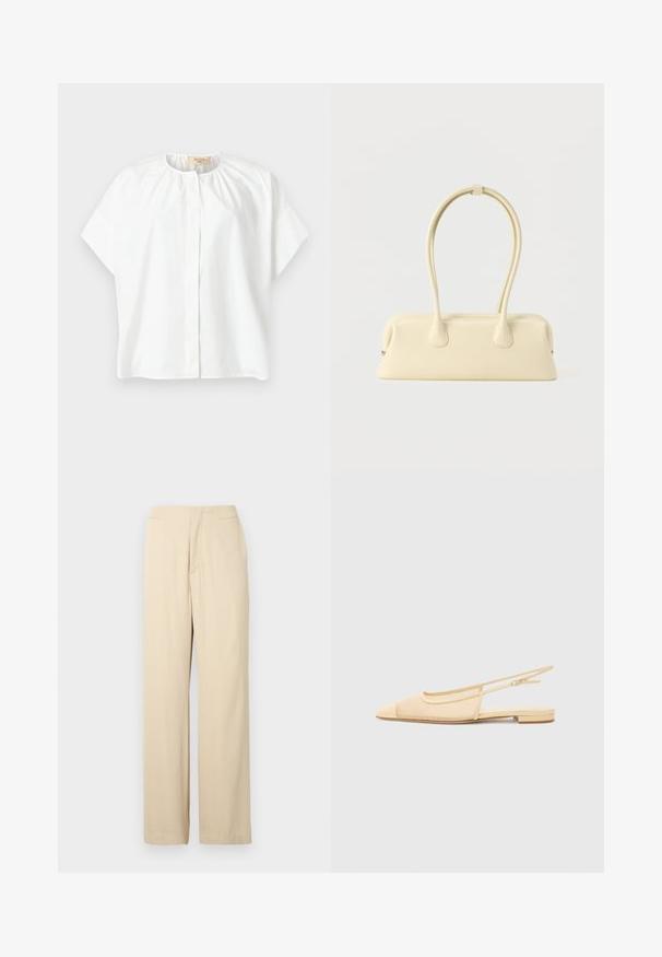 Blouse blanche à manches courtes avec encolure ronde, détail de tissu froncé près du col et boutons avant dissimulés.; Pantalon beige à jambes larges en tissu doux, présentant une coupe droite, une texture lisse et une ceinture classique avec un pli frontal détaillé.; Chaussure plate slingback en beige clair avec une tige en maille, un bout pointu et un petit talon. Dotée d'une sangle ajustable pour un bon maintien.; Sac rectangulaire couleur crème avec coins arrondis et deux longues poignées courbées, présenté sur un fond blanc.