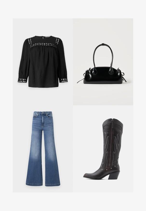 Blusa negra con escote redondo, mangas abullonadas y detalles decorativos de corte alrededor de los hombros y los puños. Tejido texturizado.; Good American GOOD WAIST PALAZZO COMPRESSION - Vaqueros a campana - indigo; Botas de cowboy de cuero marrón con costuras en forma de llama, cremallera lateral, tachuelas plateadas, punta puntiaguda y tacón apilado.; Pequeño bolso negro brillante con dos asas largas y detalles de cordón lateral sobre un fondo claro liso.