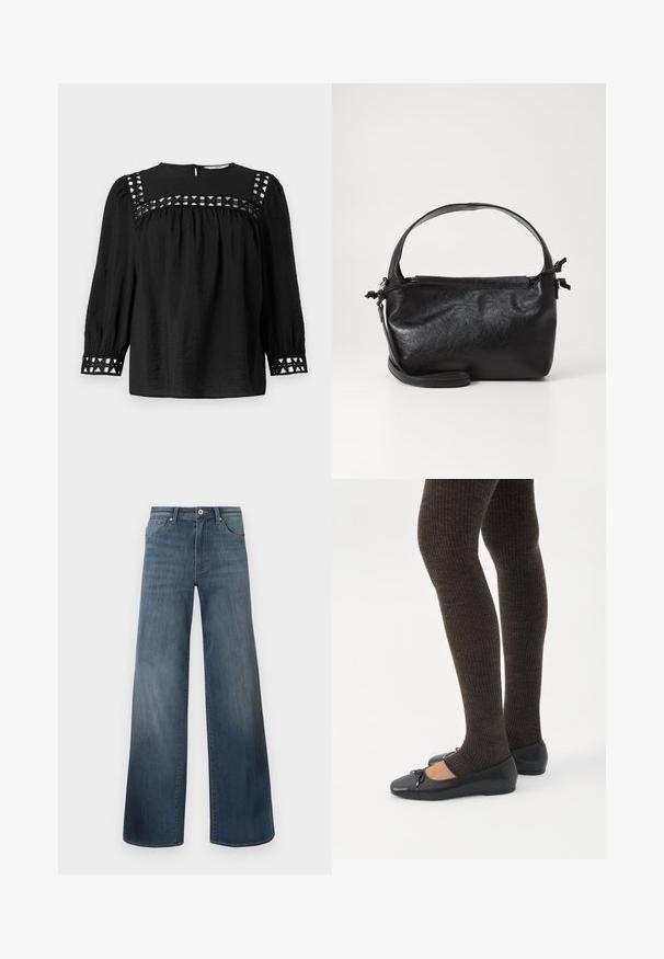 Zwarte blouse met ronde halslijn, geplooide mouwen en decoratieve uitsnijdingen rond de schouders en manchetten. Met een gestructureerde stof.; Brede denims met wijde pijpen in donkerblauw, met een verwasde afwerking, knoopsluiting en vijf-pocketstijl. Gladde textuur, minimale stikseldetails.; Benen met donkere geribbelde leggings gecombineerd met zwarte ballerina's met kleine strikdetails op een witte achtergrond.; Zwarte leren handtas met een gestructureerd ontwerp, een ronde bovenhandgreep en een afneembare schouderriem. Beschikt over een gladde textuur en een subtiele glans.