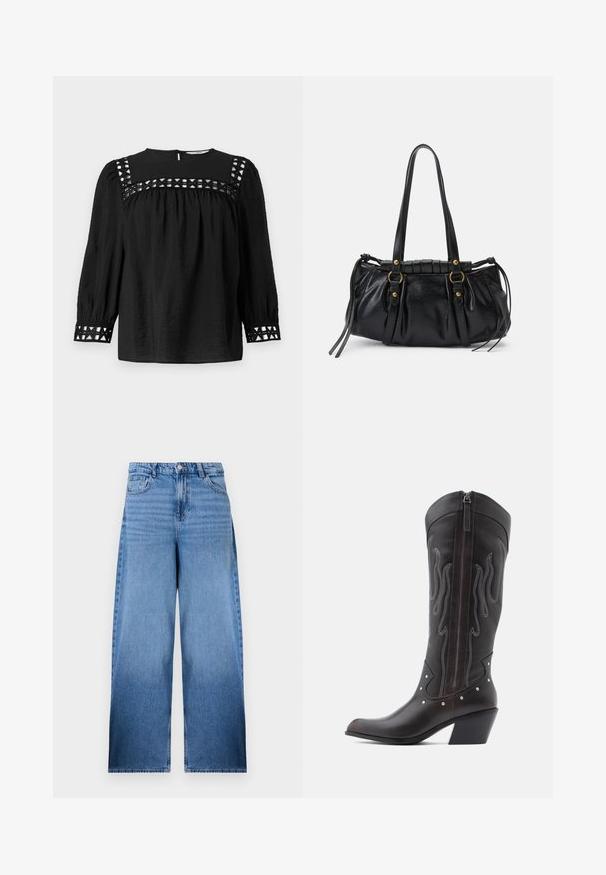 Zwarte blouse met ronde halslijn, geplooide mouwen en decoratieve uitsnijdingen rond de schouders en manchetten. Met een gestructureerde stof.; Lichtblauwe wijde jeans van denim, met hoge taille, vijf zakken, ritssluiting en knoopsluiting. Bevat subtiele vervaging voor textuur.; Bruine leren cowboylaarzen met vlamstiksels, zijrits, zilveren studs, spits toelopende neus en gestapelde hak.; Zwarte leren handtas met een afgeronde vorm, dubbele handvatten, decoratieve hardware accenten en details met zijstrikken. Smooth, glanzende textuur.