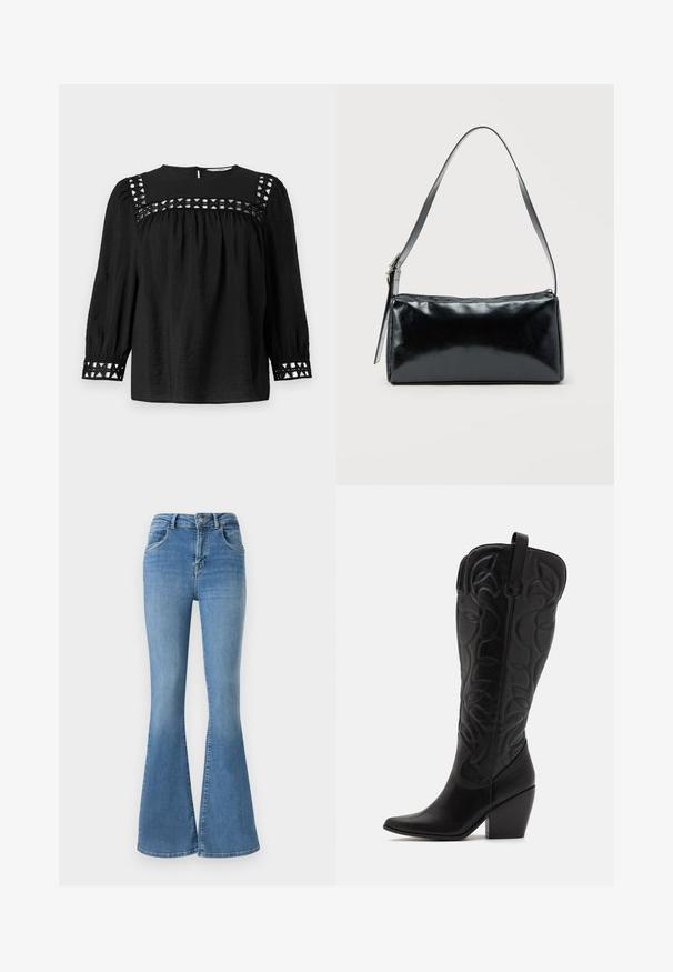 Blusa negra con escote redondo, mangas abullonadas y detalles decorativos de corte alrededor de los hombros y los puños. Tejido texturizado.; Jeans acampanados de denim azul, con una cintura alta, cierre de cremallera y botón, y un diseño desgastado con sutiles detalles de arrugas.; Botas negras de cuero hasta la rodilla con punta puntiaguda y tacón apilado. Presentan costuras decorativas y elementos de diseño curvados.; Bolso de hombro rectangular negro con una correa ajustable y un cierre de cremallera superior sobre un fondo liso.
