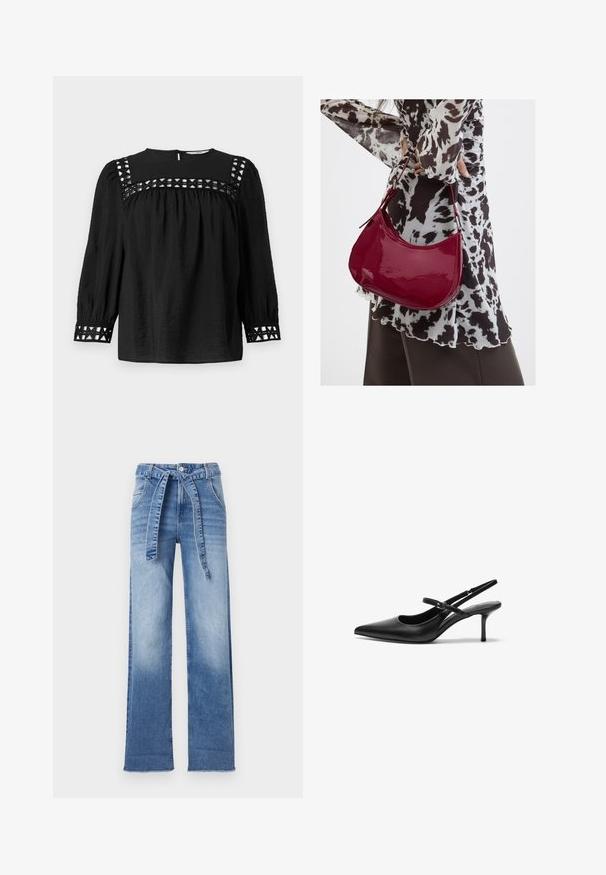 Blusa negra con escote redondo, mangas abullonadas y detalles decorativos de corte alrededor de los hombros y los puños. Tejido texturizado.; Pantalones de denim azul claro de talle alto con un diseño de pierna ancha, que cuentan con un cinturón de lazo en la cintura y un efecto de lavado desvanecido.; Zapatos de tacón slingback de cuero negro con punta afilada, correa ajustable delgada y un tacón de aguja de aproximadamente 5 cm, textura suave.; Mujer con blusa de estampado en blanco y negro sosteniendo un bolso de hombro rojo brillante sobre un fondo liso.