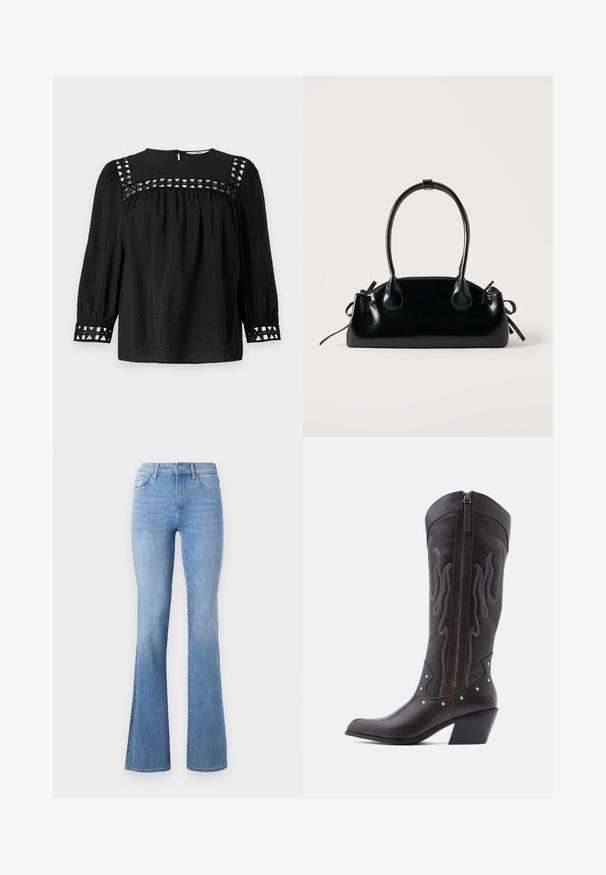 Zwarte blouse met ronde halslijn, geplooide mouwen en decoratieve uitsnijdingen rond de schouders en manchetten. Met een gestructureerde stof.; Lichtblauwe flare jeans met een halfhoge taille, klassieke vijf-pocket stijl en subtiele vervaging langs de benen. Denim stofstructuur.; Bruine leren cowboylaarzen met vlamstiksels, zijrits, zilveren studs, spits toelopende neus en gestapelde hak.; Kleine zwarte glanzende handtas met twee lange hengsels en zijkant trekkoord details op een effen lichte achtergrond.