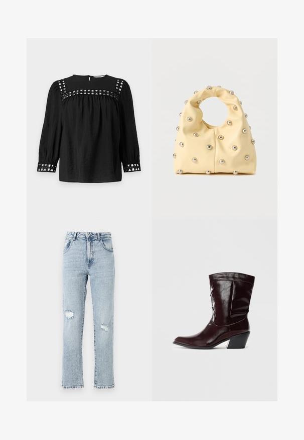 Blusa negra con escote redondo, mangas abullonadas y detalles decorativos de corte alrededor de los hombros y los puños. Tejido texturizado.; Jeans de denim azul claro con un ajuste relajado, que presentan dos desgastes en las rodillas, cinco bolsillos y un dobladillo deshilachado. Cierre con botón y cremallera.; Botines de cuero burdeos con punta afilada, superficie texturizada y tacón bajo cónico. Presentan costuras sutiles y un ajuste ceñido.; Bolso suave de color amarillo con asa circular, decorado con pequeños remaches de metal plateado distribuidos uniformemente sobre una superficie lisa.