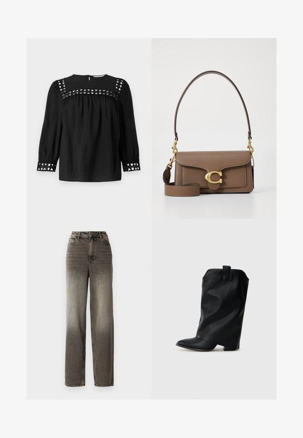 Blusa negra con escote redondo, mangas abullonadas y detalles decorativos de corte alrededor de los hombros y los puños. Tejido texturizado.; Jeans de pierna ancha, grises, con un acabado de denim desgastado. Cintura alta, cinco bolsillos y un cierre de botón clásico. Tejido texturizado con costuras visibles.; Botín de cuero negro con punta afilada, silueta holgada y tacón bajo en bloque. Presenta un pequeño lazo trasero para facilitar el calzado.; Bolso de cuero marrón con un diseño estructurado, herrajes dorados, cierre de solapa y correa de hombro desmontable.