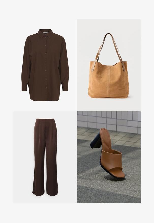 Brun skjorte med knapper og klassisk krave, lange ærmer og en afslappet pasform. Lavet af glat bomuld med en ensartet tekstur.; Anna Field Bukser - brown; Brun slip-in sandal i kunstlæder med en glat tekstur, åben tå og en chunky sort hæl. Minimalistisk design med en bred rem tværs over foden.; Beige ruskindtaske med lange lysebrune læderstropper, blød tekstur og enkel syning på en ensfarvet hvid baggrund.