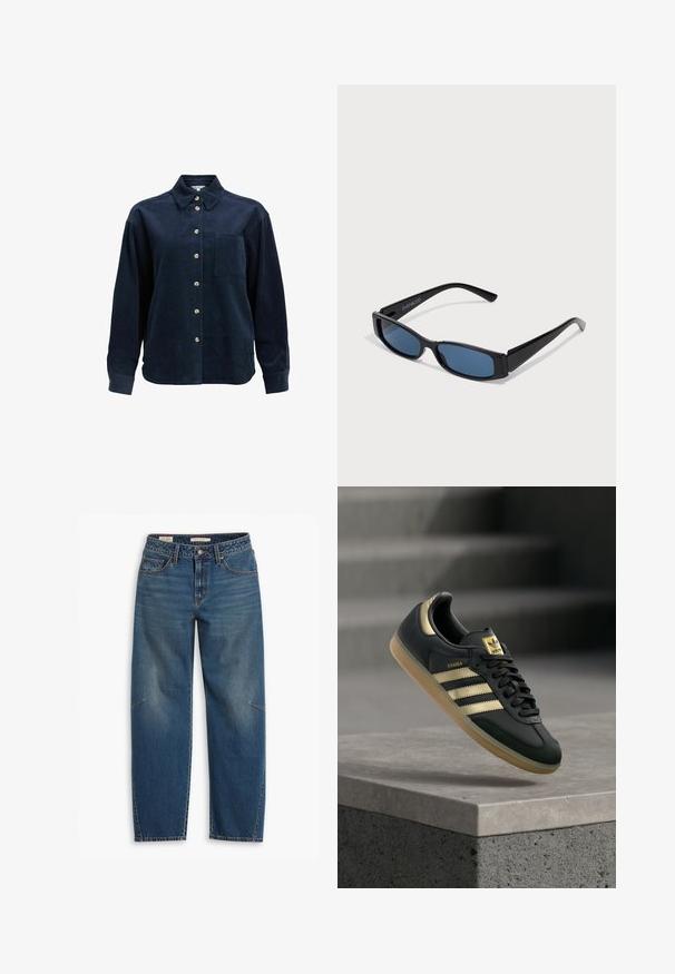 Chemise en velours côtelé bleu foncé à manches longues, avec boutonnière à l'avant, poche poitrine unique, col évasé et boutons beiges.; Jeans en denim bleu avec une coupe décontractée, featuring une taille haute, des jambes droites, des coutures visibles et un petit accent sur le genou gauche.; Baskets Adidas Samba noires avec des bandes dorées et une semelle en gomme, flottant au-dessus d'une surface en béton avec des escaliers flous en arrière-plan.; Lunettes de soleil noires avec une monture rectangulaire élégante et des verres bleus. Présente une texture lisse et des branches robustes. Logo de la marque sur le côté.