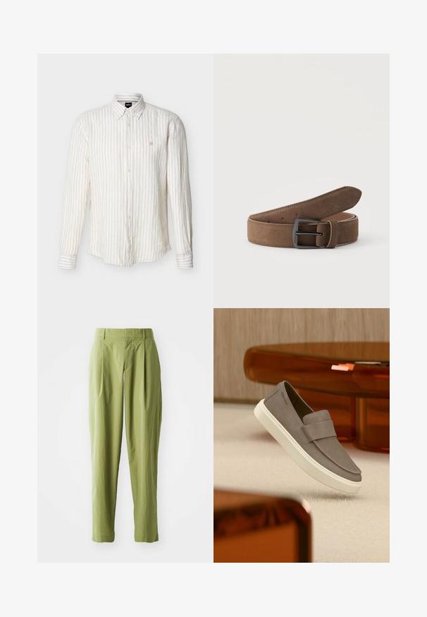 Chemise à manches longues à rayures verticales beige et blanches, boutonnée, avec col et petit logo brodé sur le côté gauche de la poitrine.; Pantalons vert clair en tissu texturé, présentant une coupe droite, des plis à l'avant et une taille standard.; Chaussure gris en daim à enfiler avec semelle blanche suspendue au-dessus d'un tapis beige, avec un meuble orange translucide en arrière-plan.; Ceinture en daim marron avec boucle métallique noire enroulée sur un fond clair uni.