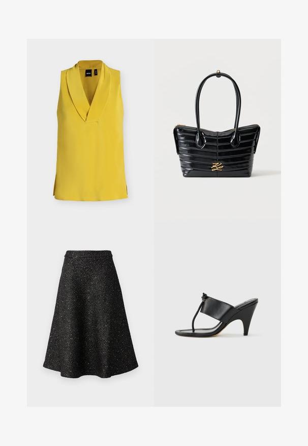 Blouse jaune vif sans manches avec un col en V profond et un large col, en tissu lisse, présentée à plat sur fond blanc.; Jupe noire en forme A avec un tissu texturé, présentant des éclats métalliques partout. Taille large et silhouette évasée, design jusqu'aux genoux.; Sandale noire à talon haut avec une large bride avant et une boucle d'orteil dotée d'un détail de corde nouée, vue de profil sur fond blanc.; Sac à main en cuir noir avec des rayures horizontales matelassées, fermeture éclair dorée, logo décoratif doré et double poignée avec fermeture par bouton.
