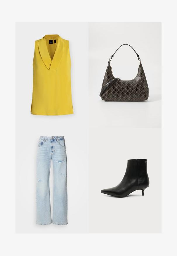 Blouse jaune vif sans manches avec un col en V profond et un large col, en tissu lisse, présentée à plat sur fond blanc.; Jean en denim bleu clair à jambes larges avec des détails déchirés, présentant une taille haute, un design à cinq poches et des bords bruts.; Bottine en cuir noir avec bout pointu et petit talon kitten sur fond clair, vue côté extérieur.; Sac à épaule en cuir noir avec un motif géométrique beige répétitif, fermeture éclair dorée et deux anses réglables sur fond blanc.
