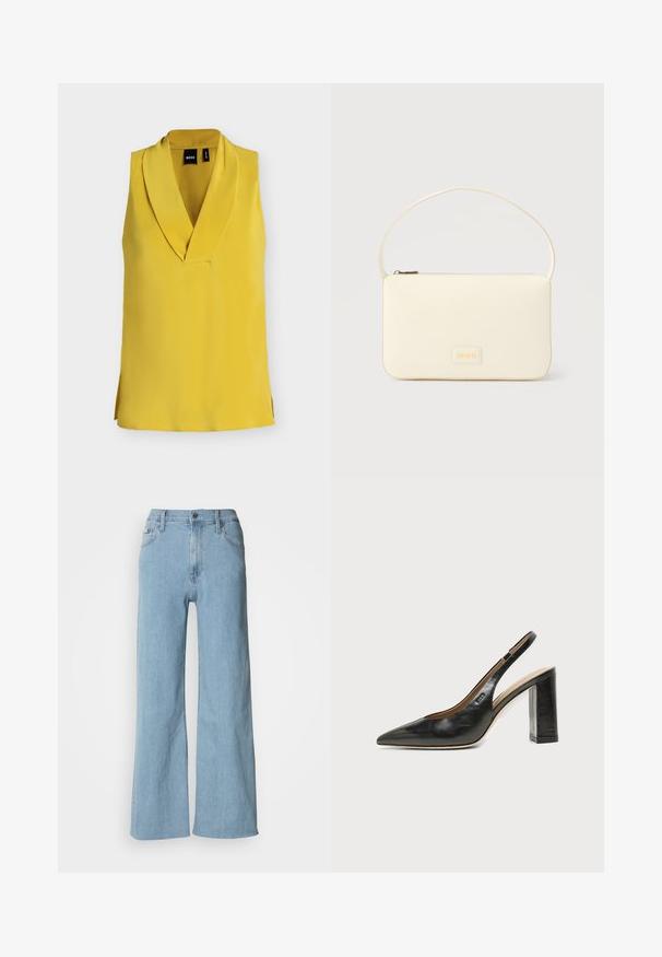 Blouse jaune vif sans manches avec un col en V profond et un large col, en tissu lisse, présentée à plat sur fond blanc.; Jeans en denim bleu clair à jambes larges, avec une taille cintrée, un design à cinq poches et des détails de couture subtils.; Chaussure slingback en cuir noir à bout pointu avec un talon bloc haut et une doublure intérieure beige sur un fond clair uni.; Sac à main rectangulaire de couleur crème avec une seule sangle et une fermeture éclair sur le dessus, comportant une petite plaque de logo embossé à l'avant.