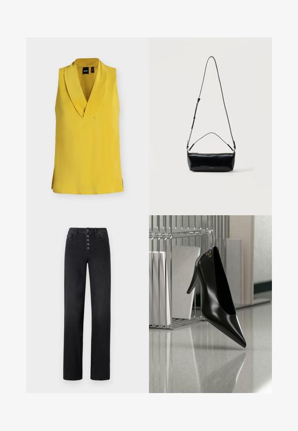 Blouse jaune vif sans manches avec un col en V profond et un large col, en tissu lisse, présentée à plat sur fond blanc.; Jeans noirs en denim taille haute avec une jambe droite, dotés d'une fermeture à cinq boutons, de poches avant et d'une texture lisse.; Chaussure noire à talon haut avec bout pointu et logo doré, posée sur une surface réfléchissante près d'un organiseur de dossiers en fil chromé contenant des documents.; Sac bandoulière rectangulaire en cuir noir avec bandoulière ajustable, fermeture éclair sur le dessus et petit logo Calvin Klein doré sur le devant.