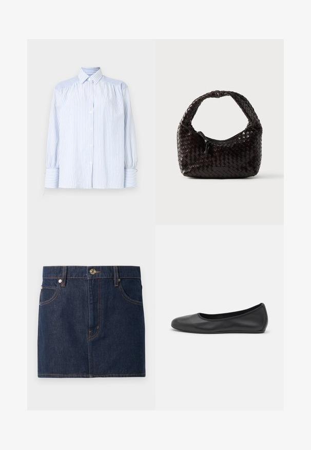 Lichtblauw gestreept overhemd met knopen, een kraag, opgeblazen mouwen en elastische manchetten. Gelaagde schouderaccenten contrasteren met de gladde stof.; Denim rok in donkerblauw met lichtoranje stiksels, voorzien van een vijf-pocket ontwerp, metalen knoopsluiting en een rechte zoom.; Zwarte leren ballerina met een ronde neus, gladde textuur, minimale stikdetails en een flexibele zoolontwerp.; Geweven leren handtas in donkerbruin, afgeronde vorm met een dikke gevlochten handgreep. Voorzien van een ritssluiting en subtiele branding aan de zijkant.