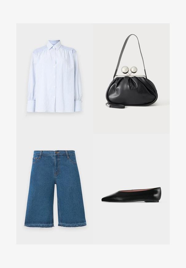 Lyseblå stribet skjorte med krave, puffede ærmer og elastiske manchetter. Teksturerede skulderdetaljer står i kontrast til det glatte stof.; Blå denim shorts til knæene med frynset kant, frontknap og lommer på en ensfarvet hvid baggrund.; Sort damesko i læder med flad hæl og spids tå, vist fra siden på en ensfarvet lys grå baggrund.; Sort læderhåndtaske med opsamlet design, en enkelt rem, sølv metalramme og to store runde sølv lukninger.