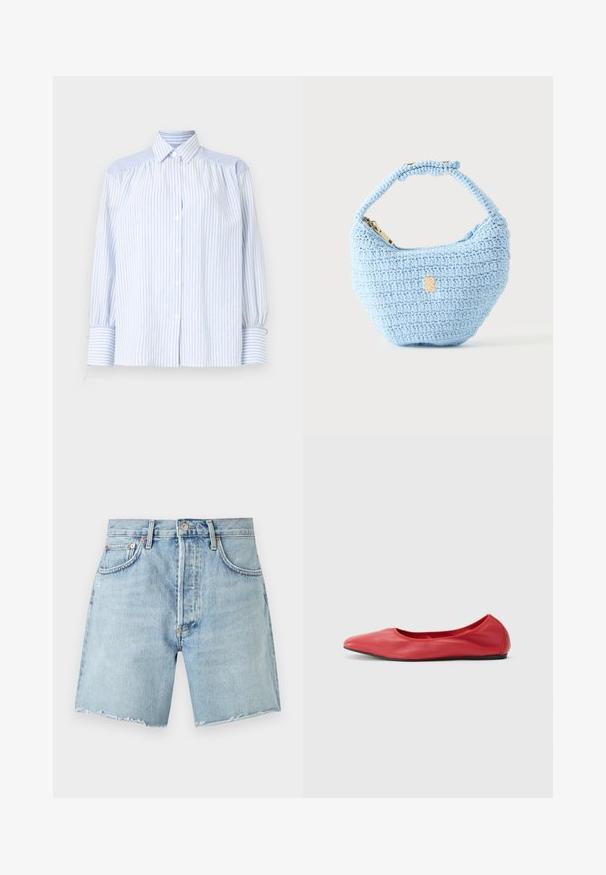 Lichtblauw gestreept overhemd met knopen, een kraag, opgeblazen mouwen en elastische manchetten. Gelaagde schouderaccenten contrasteren met de gladde stof.; Lichtblauwe denimshorts met rafelige zomen, knoop aan de voorkant, ritssluiting, riemlussen en voorzakken op een effen achtergrond.; Filippa K REY FLATS - Ballerina's - bright red; Kleine lichtblauwe gehaakte handtas met korte riem en gouden rits, gepresenteerd tegen een effen lichte achtergrond.