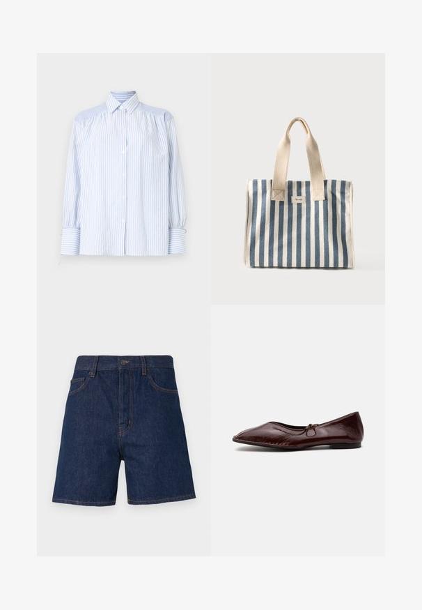 Lichtblauw gestreept overhemd met knopen, een kraag, opgeblazen mouwen en elastische manchetten. Gelaagde schouderaccenten contrasteren met de gladde stof.; Donkerblauwe denim shorts met een klassiek vijf-pocket ontwerp, zichtbare oranje stiknaad en een knoopsluiting bij de taille.; Shiny donkerbruine platte schoen met puntige neus en klein strikdetail bovenop, getoond op een effen lichte achtergrond.; Blauw-witte canvas shopper met verticale strepen, beige handvatten en een klein label aan de voorkant.