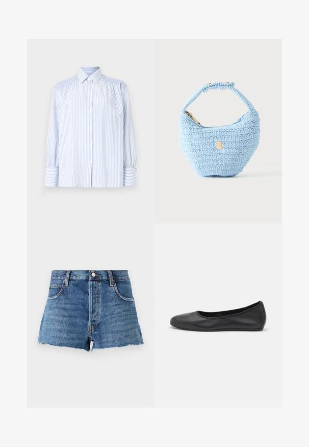 Lyseblå stribet skjorte med krave, puffede ærmer og elastiske manchetter. Teksturerede skulderdetaljer står i kontrast til det glatte stof.; FRAME THE HANG - Denimshorts - dark blue; Sort læderballetsko med rund tå, glat tekstur, minimal syning og et fleksibelt såldesign.; Lille lyseblå hæklede håndtaske med kort rem og guldfarvet lynlås, vist mod en ensfarvet lys baggrund.