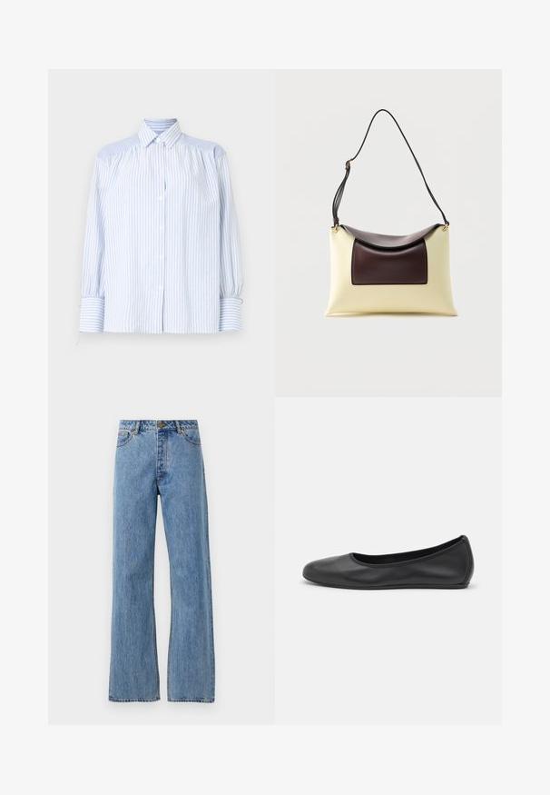 Lichtblauw gestreept overhemd met knopen, een kraag, opgeblazen mouwen en elastische manchetten. Gelaagde schouderaccenten contrasteren met de gladde stof.; Lichtblauwe hoge taille straight-leg jeans met een voorknoop, rits en vijf-pocket ontwerp op een effen witte achtergrond.; Zwarte leren ballerina met een ronde neus, gladde textuur, minimale stikdetails en een flexibele zoolontwerp.; Crème- en donkerbruine leren schoudertas met gebogen flap en verstelbare zwarte riem op witte achtergrond.