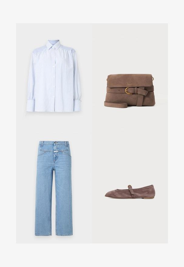 Lichtblauw gestreept overhemd met knopen, een kraag, opgeblazen mouwen en elastische manchetten. Gelaagde schouderaccenten contrasteren met de gladde stof.; CLOSED STOVER - Relaxed fit jeans - light blue; Bruine suède platte Mary Jane schoen met spitse neus en een klein gouden gespsluiting op een witte achtergrond.; Bruine suède crossbodytas met voorflap, decoratieve band met gouden gesp en dunne schouderriem op een witte achtergrond.