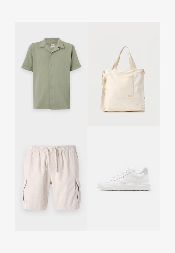Kortærmet skjorte i lysegrøn, lavet af tekstureret stof med en klippet krave og seks knaplukninger foran. Omslagte ærmer giver en afslappet pasform.; Beige corduroy cargo shorts med elastisk talje, snøre lukning og to sidelommer. Stoffet har et struktureret, ribbet mønster.; Hvide lædersneakers med en glat finish, rund tå, flade snørebånd og en struktureret sål. Grå ruskindsdetalje ved hælen.; Kremfarvet lærredstote-taske med frontlomme, to håndtag, justerbar skulderrem og lille gul "O.N.S" tekst i nederste højre hjørne af lommen.