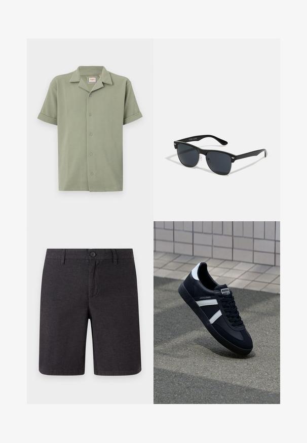 Camisa de manga corta en verde claro, hecha de tela texturizada con cuello de pico y cierre frontal de seis botones. Las mangas enrolladas ofrecen un ajuste relajado.; Pantalones cortos gris oscuro hechos de tejido woven, con cierre de botón, trabillas para cinturón y un diseño de pierna recta, con dobladillos limpios y bolsillos laterales.; Zapatilla de cuero negra con rayas blancas, suela de goma texturizada y parte frontal con cordones. Cuenta con una etiqueta de marca en la lengüeta.; Gafas de sol negras con forma rectangular, lentes oscuros, detalles plateados en las patillas y un acabado mate en la montura.