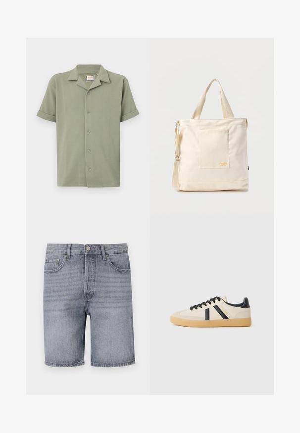 Camisa de manga corta en verde claro, hecha de tela texturizada con cuello de pico y cierre frontal de seis botones. Las mangas enrolladas ofrecen un ajuste relajado.; Shorts de mezclilla en gris claro con un corte clásico, que cuentan con cinco bolsillos, cierre de botón y una textura ligeramente desgastada.; Zapatillas casuales en crema con rayas negras, con parte superior texturizada y suela de goma. Los cordones son negros. Logo sutil en el costado.; Bolsa tote de lona color crema con bolsillo delantero, dos asas, correa de hombro ajustable y pequeño texto amarillo "O.N.S" en la parte inferior derecha del bolsillo.
