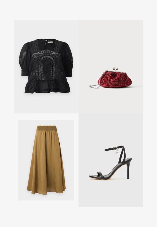 Blusa negra con escote cuadrado, mangas abullonadas, tejido texturizado, detalles de encaje y dobladillo con volantes. Cierre en la espalda en forma de ojo de cerradura visible.; Falda midi marrón de línea A con cintura elástica fruncida y tejido texturizado ligero sobre un fondo liso.; Sandalia de tacón alto negra con una estrecha correa en el tobillo, punta cuadrada, material de cuero liso y detalle de hebilla metálica.; Pequeño bolso de mano rojo con cuentas, cierre plateado y correa de cadena sobre un fondo blanco liso.