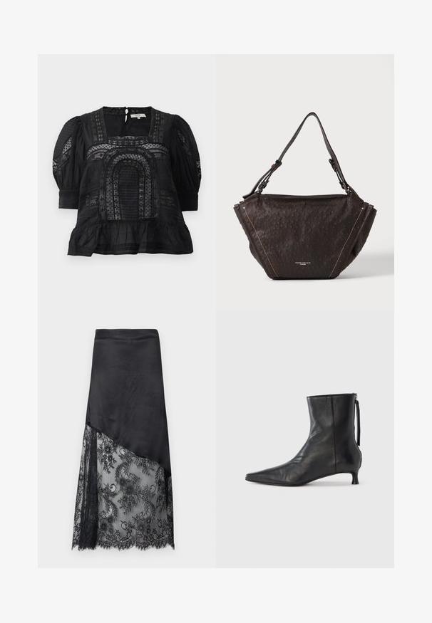 Blouse noire avec un décolleté carré, des manches bouffantes, un tissu texturé, des détails en dentelle et un ourlet froncé. Fermeture en clé au dos visible.; Jupe asymétrique noire avec un haut en satin uni et une superposition en dentelle florale transparente sur la moitié inférieure.; Bottine en cuir noir à bout pointu, forme structurée et petit talon. Dispose d'une fermeture éclair latérale et d'un design minimaliste.; Sac à main texturé marron foncé avec une base large, un sommet étroit, une seule bandoulière et des coutures visibles sur un fond clair uni.