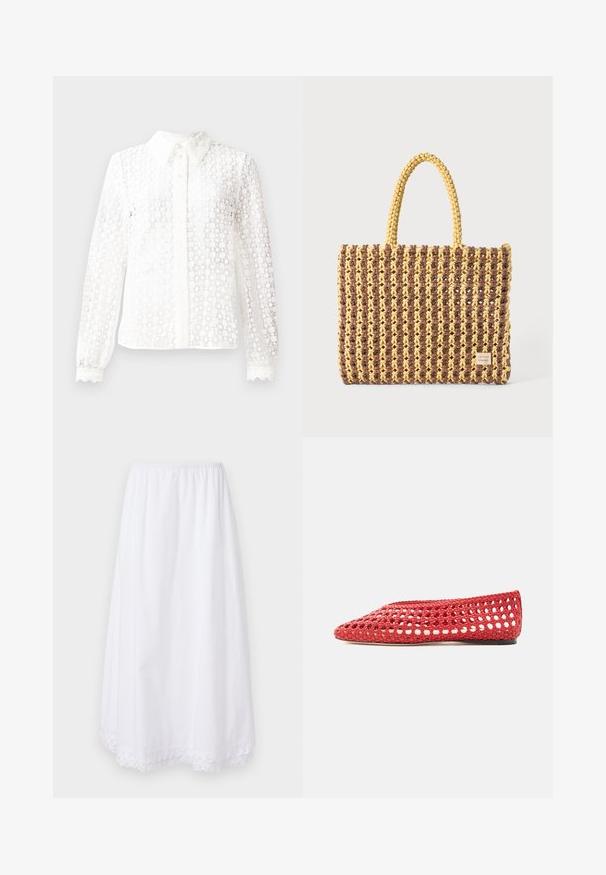 Hvid bluse lavet af lace-lignende stof med en klassisk krave, lange ærmer med scalloped manchetter og en knaplukning foran med dekorative detaljer.; Hvid bomuldsnederdel med elastisk talje og blondekant i kanten, som har et let, knælangt design.; Rød vævet flad sko med åbent gitterdesign og solid sål, vist fra siden på en hvid baggrund.; Vævet taske i brun og gul, med en rektangulær form, to håndtag, og en tekstureret overflade med synlige sting og et mærke.