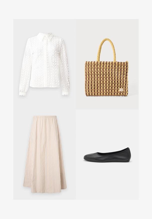 Witte blouse van een materialen met kantachtige stijl, voorzien van een klassieke kraag, lange mouwen met golvende manchetten en een knoopsluiting aan de voorkant met decoratieve accenten.; Beige A-lijn rok met witte verticale strepen, elastische tailleband en lengte van knie tot halverwege de kuit.; Zwarte leren ballerina met een ronde neus, gladde textuur, minimale stikdetails en een flexibele zoolontwerp.; Geweven tas in bruin en geel, met een rechthoekige vorm, twee handvatten en een textuurafwerking met zichtbare stiksels en een merketiket.