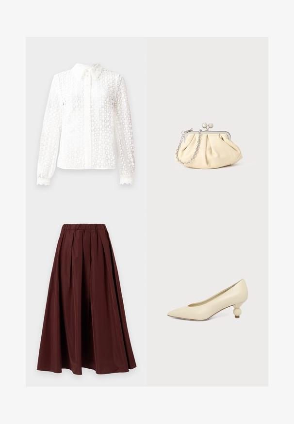 Witte blouse van een materialen met kantachtige stijl, voorzien van een klassieke kraag, lange mouwen met golvende manchetten en een knoopsluiting aan de voorkant met decoratieve accenten.; Lange bordeauxrode rok met geplooid ontwerp en elastische tailleband. Gladde textuur, volle vorm en valt tot op de vloer.; Dames schoen in roomkleur met een puntige neus en een lage, ronde balvormige hak op een effen achtergrond.; Geplooide beige leren clutch met een zilveren metalen frame, voorzien van twee ronde decoratieve sluitingen en een zilveren kettingriem.