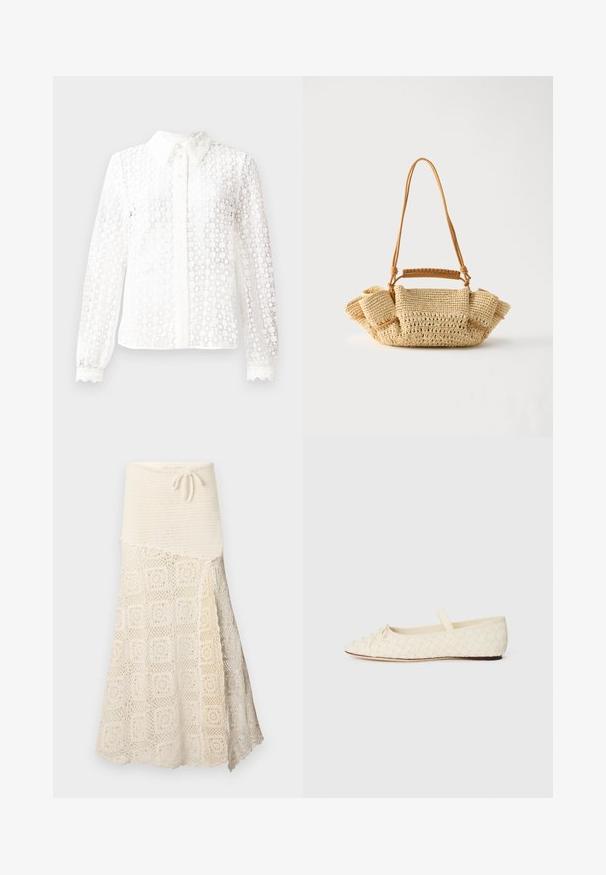 Hvid bluse lavet af lace-lignende stof med en klassisk krave, lange ærmer med scalloped manchetter og en knaplukning foran med dekorative detaljer.; Hæklede nederdel med en tekstureret cremefarvet overdel og en nederste sektion med et indviklet firkantmønster. Justerbar snøring i taljen.; Balletflade i vævet cremefarvet materiale, spidse tå, med en lille sløjfedetalje foran og en rem hen over toppen. Flad sål.; Vævet beige håndtaske med en lang tynd strop og opsamlede sider, med et kort håndtag indpakket i læder til forskellige bære muligheder.