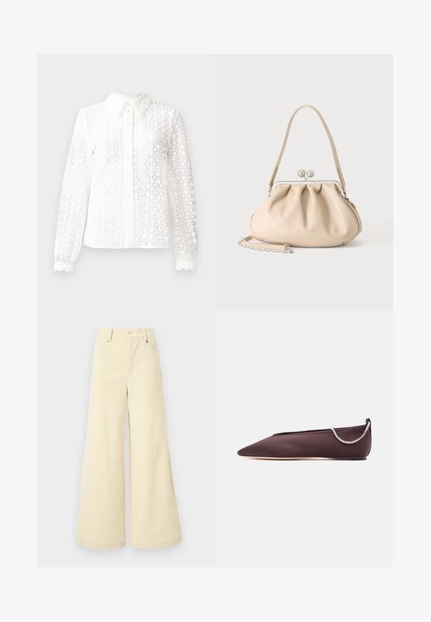 Witte blouse van een materialen met kantachtige stijl, voorzien van een klassieke kraag, lange mouwen met golvende manchetten en een knoopsluiting aan de voorkant met decoratieve accenten.; Wijduitlopende broeken van zacht beige stof met een textuurafwerking, voorzien van zijzakken, riemlussen en een enkele knoopsluiting.; Donkerbruine platte schoen met puntige neus, lage hak en een zilveren rijglin met strassteentjes aan de achterkant.; Beige zachte leren handtas met een zilveren metalen frame sluiting, een enkele schouderriem en een optionele kettingriem op een witte achtergrond.