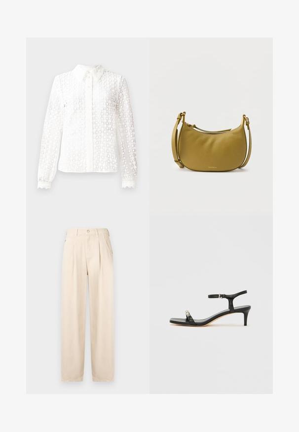 Witte blouse van een materialen met kantachtige stijl, voorzien van een klassieke kraag, lange mouwen met golvende manchetten en een knoopsluiting aan de voorkant met decoratieve accenten.; Beige plissébroek gemaakt van een katoenmix. Voorzien van een ritsvlieg, knoopsluiting en zijzakken, met een ontspannen pasvorm en rechte pijpen.; Zwarte leren sandaal met hak, enkelbandje, open neus, vierkante voorkant en zilverkleurige accenten. Gesloten ontwerp met een slank profiel.; Olivengroene, getextureerde leren schoudertas in halvemaanvorm met verstelbare band en gouden hardware, klein gouden merklogo onderaan in het midden.