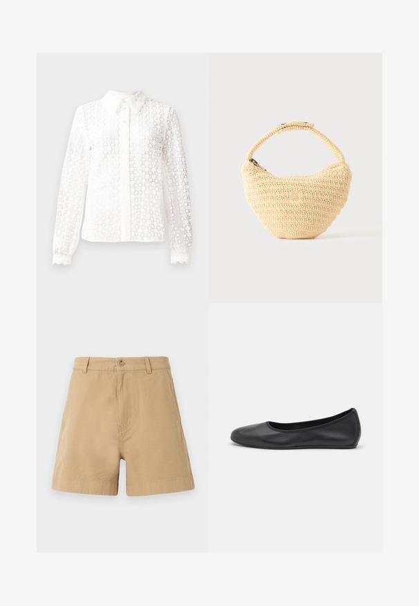 Hvid bluse lavet af lace-lignende stof med en klassisk krave, lange ærmer med scalloped manchetter og en knaplukning foran med dekorative detaljer.; Beige shorts lavet af bomuld, med et klassisk design, der har en frontknaplukning og bæltestropper. Glat tekstur med sidelommer.; Sort læderballetsko med rund tå, glat tekstur, minimal syning og et fleksibelt såldesign.; Beige vævet håndtaske med afrundet krop, lynlås, og en kort, tyk strop i en enkel, tekstureret hæklestil.