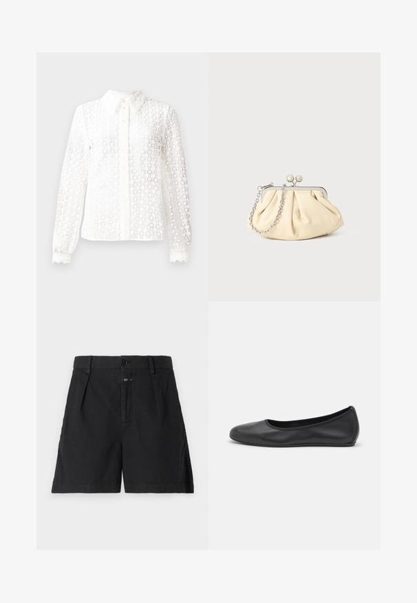 Witte blouse van een materialen met kantachtige stijl, voorzien van een klassieke kraag, lange mouwen met golvende manchetten en een knoopsluiting aan de voorkant met decoratieve accenten.; CLOSED REVYL - Jeansshort - black; Zwarte leren ballerina met een ronde neus, gladde textuur, minimale stikdetails en een flexibele zoolontwerp.; Geplooide beige leren clutch met een zilveren metalen frame, voorzien van twee ronde decoratieve sluitingen en een zilveren kettingriem.