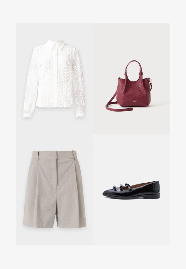 Hvid bluse lavet af lace-lignende stof med en klassisk krave, lange ærmer med scalloped manchetter og en knaplukning foran med dekorative detaljer.; By Malene Birger POVILLE - Shorts - grey brown; Sort laklæder flad sko med tre tynde remme over toppen og en lav hæl, vist i profil mod en hvid baggrund.; Lille mørkerød tekstureret lædertaske med korte håndtag og en aftagelig lang rem, præget logo foran.