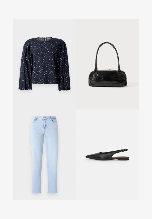 Blusa floral marina, con mangas largas abullonadas, escote redondo con borde en forma de ondas, presenta pequeños patrones florales en rosa y verde sobre una tela suave.; Jeans rectos de color azul claro, hechos de mezclilla, con una cinturilla estándar, cinco bolsillos y detalles de costura sutiles.; Zapato de cuero negro tipo slingback con punta afilada, ligero brillo y correa ajustable en el tobillo. Tacón plano con plantilla marrón.; Bolso de mano de cuero negro con forma rectangular, equipado con un asa estructurada, herrajes en plata y cierre de cremallera. Textura suave.