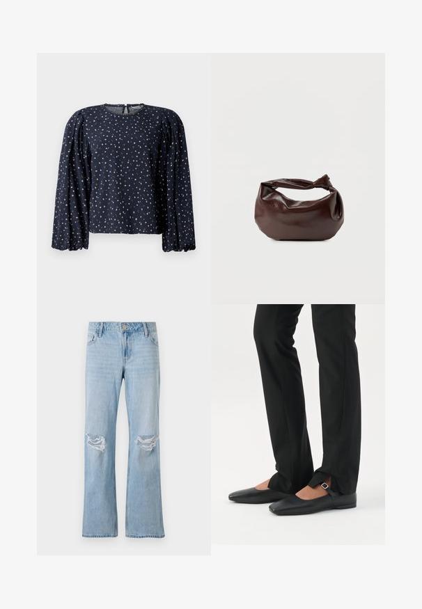 Blusa floral marina, con mangas largas abullonadas, escote redondo con borde en forma de ondas, presenta pequeños patrones florales en rosa y verde sobre una tela suave.; Jeans de denim azul claro con un diseño de pierna recta, que cuentan con dos desgastes en las rodillas, un cierre de botón metálico y cinco bolsillos.; Piernas con pantalones ajustados negros con aberturas frontales en el dobladillo, combinados con zapatos planos Mary Jane negros con una pequeña correa con hebilla.; Bolso de hombro de cuero marrón oscuro con una forma suave y caída, y un asa con nudo torcido sobre un fondo blanco liso.