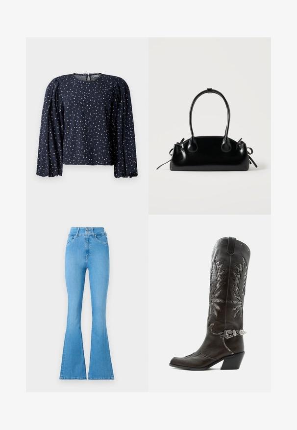 Mørkeblå blomstret bluse, lange puffede ærmer, rund halsudskæring med bølget kant, prydet med små lyserøde og grønne blomster på blødt stof.; Lyseblå denim flared jeans med høj talje, der har en dobbelte knaplukning og subtile syninger. Glat tekstur overalt.; Sort læder cowboystøvle med dekorative udskæringer, sølvspænde og skrå hæl, vist på hvid baggrund.; Lille sort blank håndtaske med to lange håndtag og snøre-detaljer i siden på en ensfarvet lys baggrund.