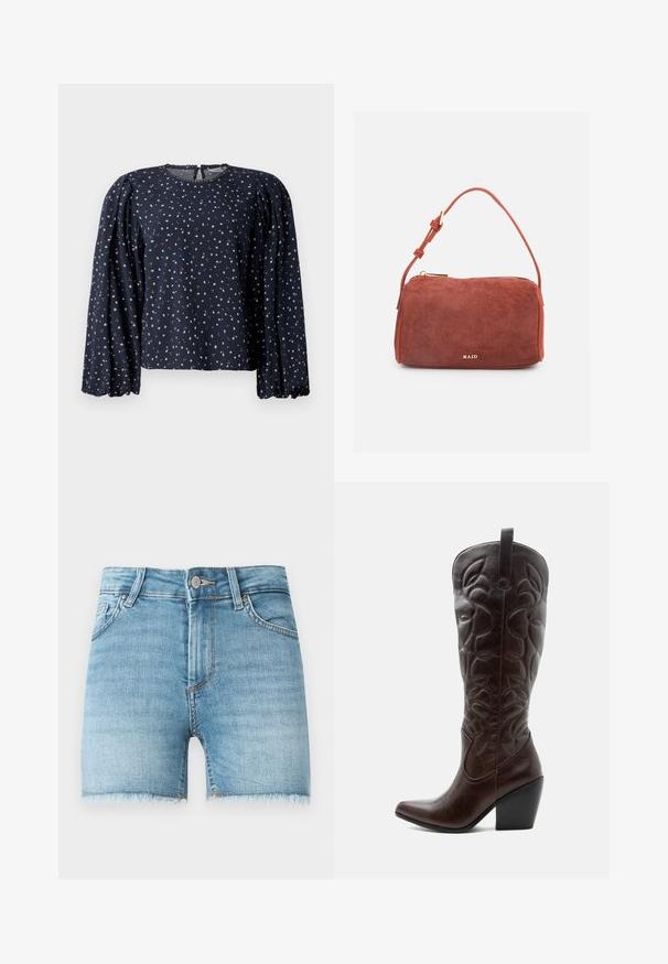 Mørkeblå blomstret bluse, lange puffede ærmer, rund halsudskæring med bølget kant, prydet med små lyserøde og grønne blomster på blødt stof.; Lette blå denimshorts med rå kant, fem lommer og lukning med knap foran. Har let falmede områder og en klassisk snit.; Høj mørkebrun læder cowboystøvle med syede dekorative mønstre, spids tå og stablet blokhæle.; Brun ruskind rektangulær håndtaske med justerbar rem og gyldent lynlås, mærket "RAID" i små gyldne bogstaver foran.