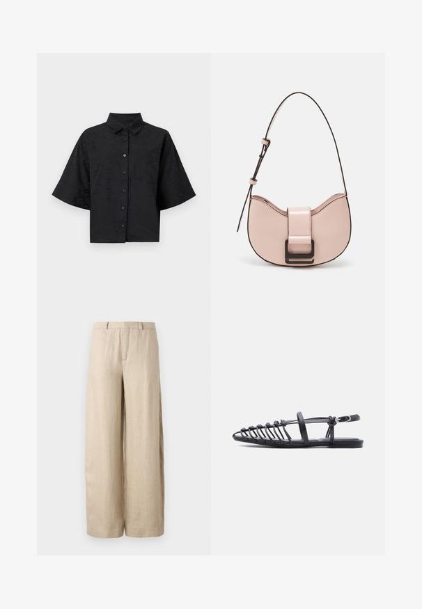 Schwarzes, kurzes Hemd mit Kragen, kurzen Ärmeln, Knopfverschluss und dezenter Wellenstruktur. Verfügt über eine einzelne Brusttasche.; Beige, weit geschnittene Hosen aus Leinen. Mit einer Vorderfalte, zwei Seitentaschen und einem Bund mit Gürtelschlaufen. Glatte Textur.; Schwarze flache Sandale mit mehreren dünnen Riemen, verstellbarem Knöchelriemen mit Schnalle und offenem Zehenkäfig-Design vor weißem Hintergrund.; Kleine, geschwungene Handtasche aus pinkem Leder mit glänzender Oberfläche, ausgestattet mit einem schwarzen Akzentgurt und einem großen schwarzen Verschluss. Crossbody-Design.