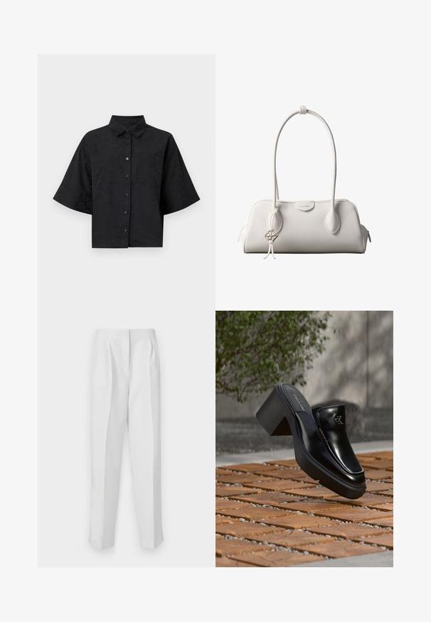 Zwarte cropped shirt met een kraag, korte mouwen, knoopsluiting en subtiele golftextuur details. Bevat een enkele borstzak.; Witte op maat gemaakte broeken met een rechte pasvorm, voorzien van voorplooien, twee zijzakken en een schone tailleband voor een nette uitstraling.; Zwarte leren Calvin Klein slip-on mule met blokhak rustend op houten tegels buiten, vlak bij een groene plant en een grijze muur.; Witte Calvin Klein schoudertas met lange hengsels, rechthoekige vorm, ritssluiting en decoratieve logohanger bij het hengsel.