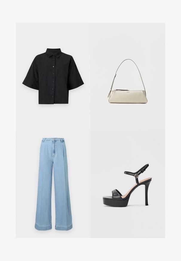 Sort cropped skjorte med krave, korte ærmer, knaplukning og subtil bølget teksturdetalje. Har en enkelt brystlomme.; Lyseblå denim bredbenede jeans med høj talje, folder foran og rå kant for et afslappet look.; Sorte platformsandaler med høj stiletthæl, der har en glat læderoverdel, peep toe-design og en justerbar ankelrem med metalbeslag.; Lille beige læder skuldertaske med tynd rem og lynlås, mærket med et diskret metal-logo på frontens midte.