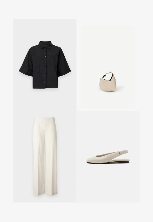 Zwarte cropped shirt met een kraag, korte mouwen, knoopsluiting en subtiele golftextuur details. Bevat een enkele borstzak.; Witte wijde broekspijpen gemaakt van een soepel materiaal met voorplooien. Ontworpen met een hoge tailleband en een nette afwerking.; Crèmekleurige leren slingback platte schoen met ronde neus en klein gouden embleem op het bandje.; Beige leren handtas in halvemaanvorm met een enkele schouderband en minimale stiksels, afgebeeld tegen een effen witte achtergrond.