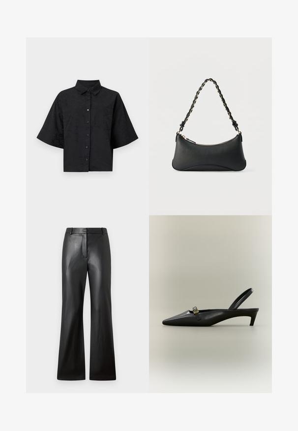 Zwarte cropped shirt met een kraag, korte mouwen, knoopsluiting en subtiele golftextuur details. Bevat een enkele borstzak.; Zwarte leren broek met een gladde textuur, een wijde pijpdesign en een middelhoge tailleband met riemlussen en voorzakken.; Zwarte lederen slingback kitten heel met puntige neus en klein gouden gespsluiting op een effen achtergrond.; Zwarte lederen schoudertas met een gebogen rechthoekige vorm, gouden ketting verweven in een gevlochten zwarte band, en een ritssluiting bovenop.