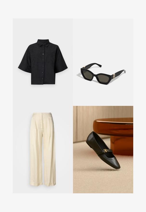 Zwarte cropped shirt met een kraag, korte mouwen, knoopsluiting en subtiele golftextuur details. Bevat een enkele borstzak.; Crèmekleurige zijden broek met hoge taille, plooien, brede pijpen en een verborgen rits aan de voorkant, afgebeeld tegen een effen witte achtergrond.; Zwarte leren platte schoen met puntige neus en gouden CK-logo op het bandje, geplaatst op een beige tapijt bij een ronde amberbruine tafel.; Tommy Hilfiger Zonnebril - black