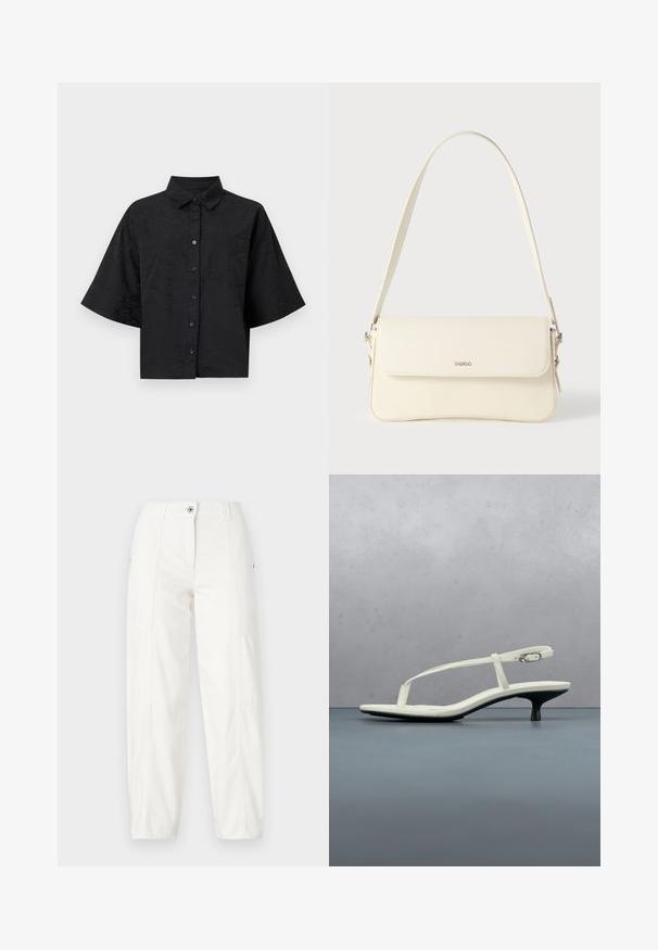 Chemise noire raccourcie avec un col, des manches courtes, une fermeture à boutons et un léger motif en vague. Elle comporte une poche poitrine unique.; Pantalon cargo blanc avec une coupe droite, doté de poches latérales, d'une fermeture à bouton et de coutures visibles. Tissu lisse et durable.; Sandale blanche à talon kitten avec des lanières et un bout pointu, flottant au-dessus d'un sol en carrelage en bois en plein air avec un arrière-plan flou de plante et de mur.; Sac à bandoulière en cuir couleur crème avec fermeture à rabat, quincaillerie argentée, une bandoulière réglable et un logo discret.