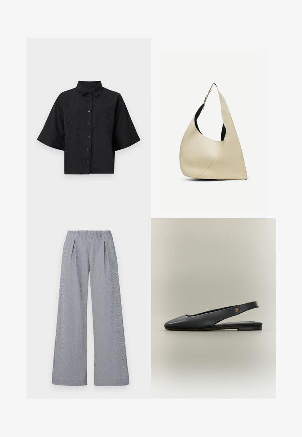 Zwarte cropped shirt met een kraag, korte mouwen, knoopsluiting en subtiele golftextuur details. Bevat een enkele borstzak.; Lange broek in marineblauw en wit gestreepte stof. Heeft een elastische tailleband en twee voorplooien voor extra details.; Zwarte leren slingback platte schoen met spits toelopende neus en gouden logo-accent op het bandje, weergegeven op een neutrale achtergrond.; Roomkleurige leren schoudertas met een glad oppervlak, een gebogen driehoekige vorm en een verstelbare band met zilveren gesp.